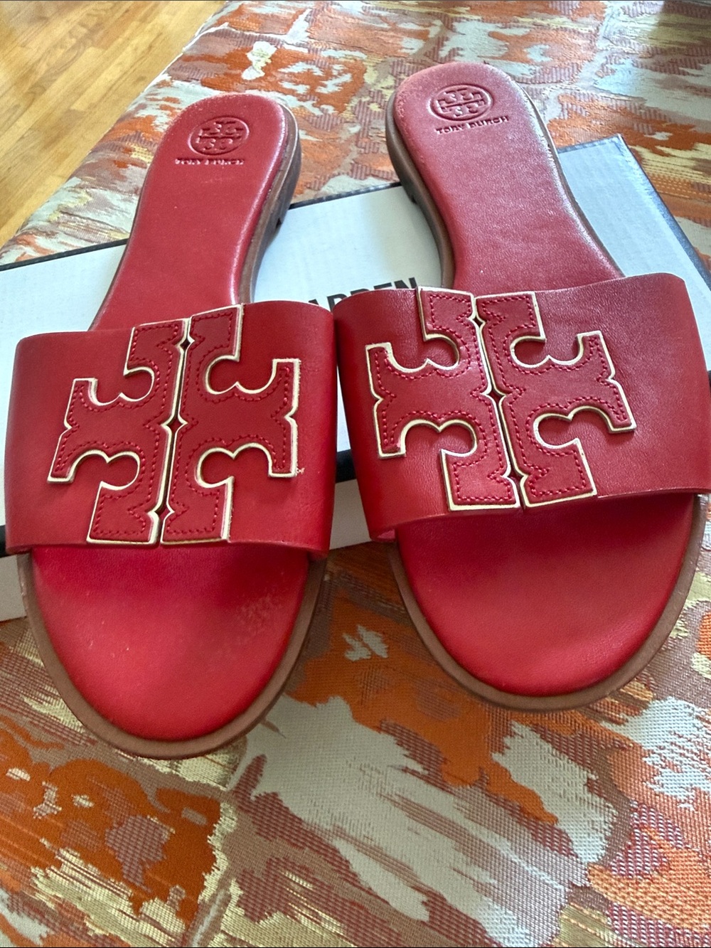 Tory Burch Red/Gold Double T leather slides - Picture 2 of 16